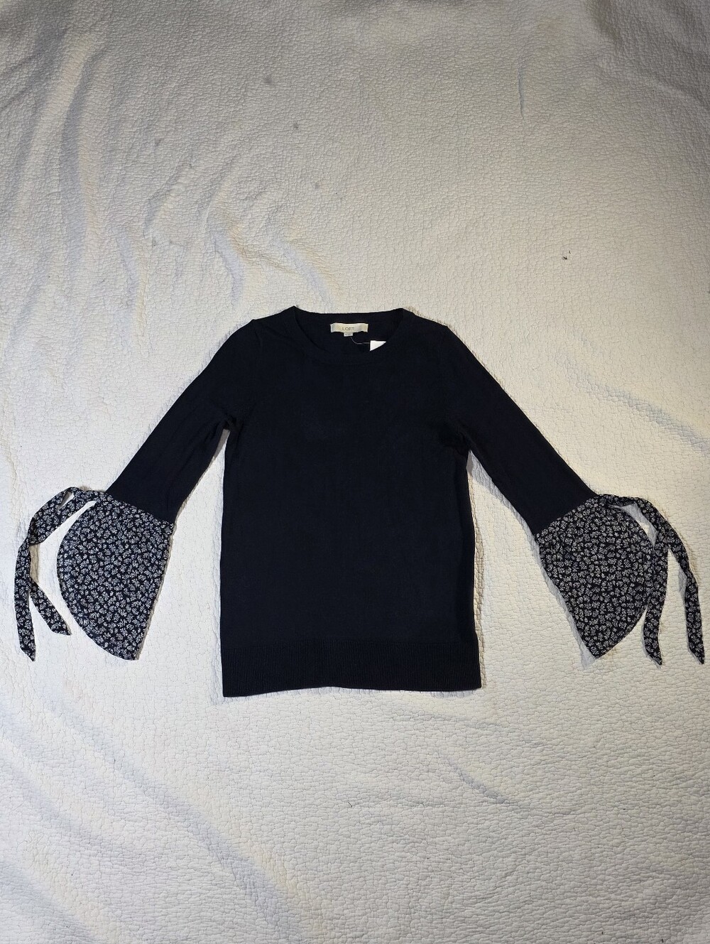 NWT LOFT Navy Blue Bell-Sleeve Sweater with Floral Printed Tie Cuffs